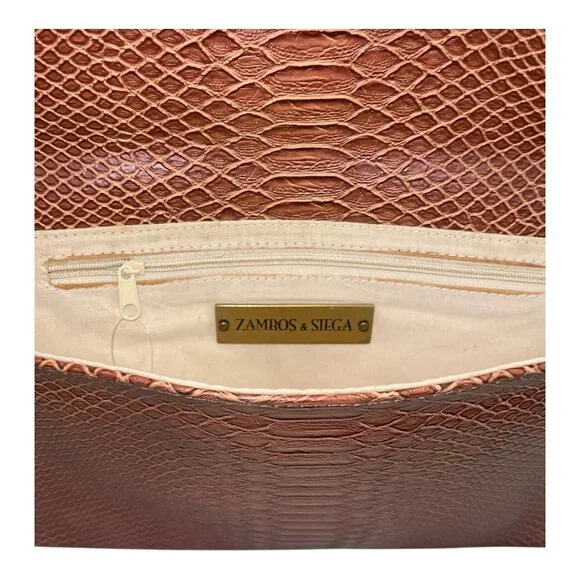 Vintage Zambos & Siega Faux Snakeskin Brown Clutch Bag Metal Handle 13x8x1.5 - Picture 3 of 9